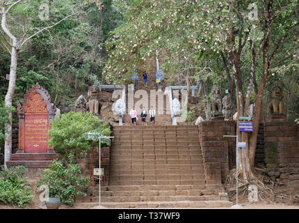 Battambang, Cambodia. The the foot of the stairs leading to Wat Phnom Banan with Nagas, Lion statues, and people descending 15-12-2018 Stock Photo