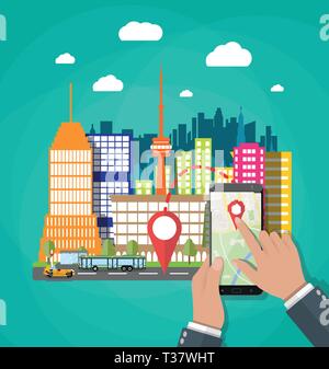 Hand holds smartphone or tablet pc with navigation app against ...