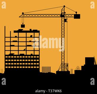 Construction site with buildings and cranes. skyscraper under construction. vector illustration on orange background Stock Vector