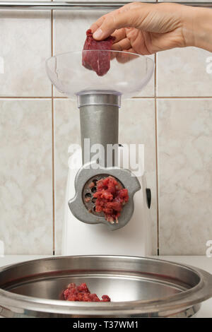 hand of woman making forcemeat with electrical meat grinder in the kitchen Stock Photo
