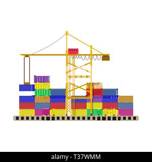 cargo port container crane and colorful containers isolated on white. vector illustration in flat style Stock Vector