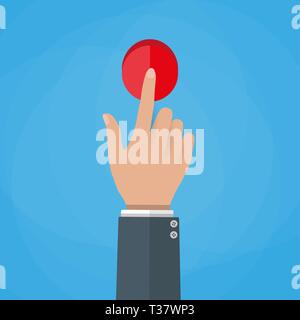 Hand touch red button. finger presses. Touch, push or press sign. vector illustration in flat design on blue background Stock Vector