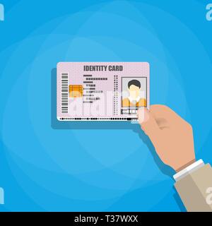 hand holding the id card. vector illustration in flat style on blue background Stock Vector