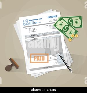 paper invoice form, paid stamp, pen, cash money and coins. tax. receipt. bill. vector illustration in flat style on brown background Stock Vector