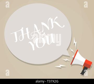 Cartoon megaphone with white bubble and words thank you. social media marketing concept. vector illustration in flat design on brown background Stock Vector