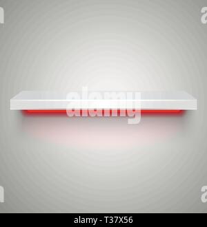 Empty white plastic illuminated by neon red light shelve with shadows on grey light background. vector illustration Stock Vector