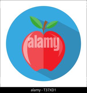 red apple with branch and leaves. icon with long shadow, vector illustration in flat style on white background Stock Vector