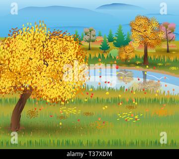 Autumn nature landscape with forest and lake. vector illustration Stock Vector