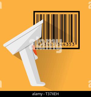 hand held barcode scanner with long shadow and black bar code. vector illustration in flat design on orange background Stock Vector