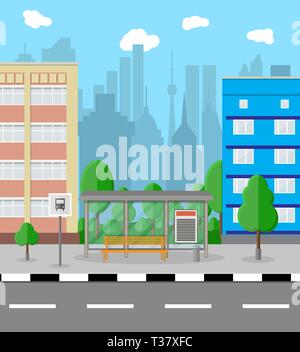 Bus stop with city background. road, trees, bus stop sign and trash bin, sky with clouds. Vector illustration in flat design Stock Vector