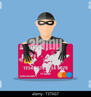 A thief with a credit card. anti fraud, internet security, safety payments, vector illustration in flat style on blue background Stock Vector