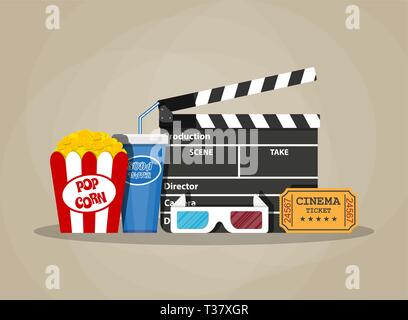 Retro movie set. Black clapperboard, box with popcorn, soda water glass, 3d glasses. ticket. vector illustration in flat style on brown background Stock Vector