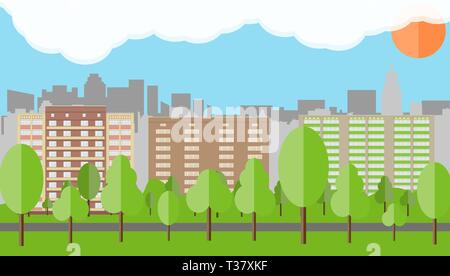 Modern City View. Cityscape with office and residental buildings, trees, road, blue background with clouds and sun. vector illustration in flat style Stock Vector