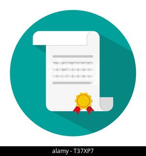 White unrolled paper diploma scroll with yellow stamp and red ribbons. Graduation concept. icon with long shadow. vector illustration in flat style on Stock Vector