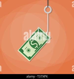 Dollar on fishing hook. Money trap concept. Money with hook vector illustration in flat style on red background Stock Vector