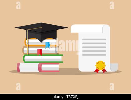 White unrolled paper diploma scroll with yellow stamp, red ribbons and black graduation cap, pile of books. Graduation concept. vector illustration in Stock Vector