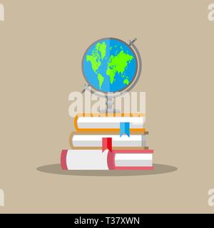 Education concept. globe, pile of books. Vector illustration in flat style on brown background Stock Vector