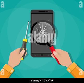 Hands with mobile phone with broken screen and screwdriver. fix phone service. vector illustration in flat style on green background Stock Vector