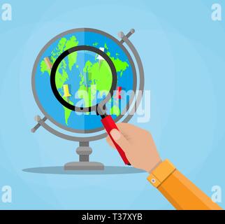 Globe with blue earth and green continents world map and magnifying glass in human hand. vector illustration in flat style Stock Vector