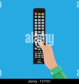 Human hand with black modern remote TV Control. Vector illustration in flat style on blue background Stock Vector
