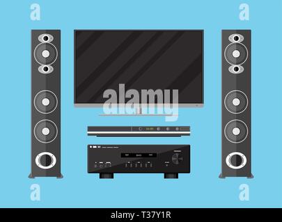 Vector set of detailed home theater electronics. tv, amplifier, loudspeakers and media player. vector illustration in flat style on blue background Stock Vector