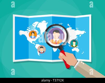 Human resources management concept, searching professional staff, work, hq, world map with candidates, hand with magnifying glass. vector illustration Stock Vector
