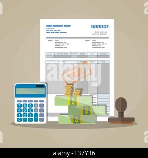 paper invoice form, paid stamp, cash money and coins, calculator. tax. receipt. bill. vector illustration in flat style on brown background Stock Vector