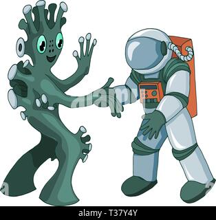 Cartoon alien meeting and handshake in space isolated on white background Stock Vector