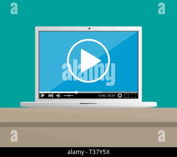 laptop on desktop with running web video player. presentation, advertise, blogging, sharing, streaming, monetization, television, content. vector illu Stock Vector
