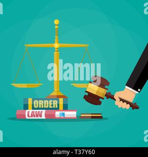Hand with judge wooden gavel, law and oreder book and golden scales. Justice concept. Vector illustration in flat style on green background Stock Vector