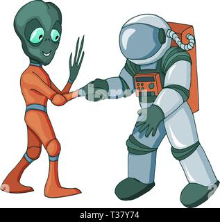 Cartoon alien meeting and handshake in space isolated on white background Stock Vector