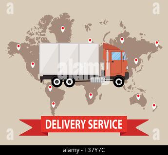 Transportations and logistics. truck on brown background with world map. vector illustration in flat style Stock Vector
