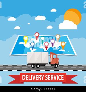 Transportations and logistics. truck on blue background with world map, sun, clouds. vector illustration in flat style Stock Vector