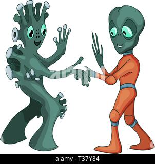 Cartoon alien meeting and handshake in space isolated on white background Stock Vector