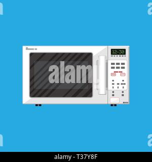White modern closed microwave oven. vector illustration in flat style on blue background. Stock Vector