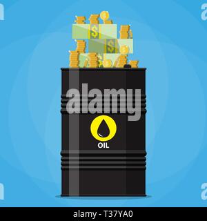 Stack of dollars and coins on oil barrel. oil industry. vector illustration in flat style on blue background Stock Vector