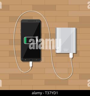 Silver powerbank charging a black smartphone on wooden desk. vector illustration in flat style Stock Vector