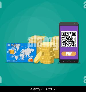 Phone wit qr code application, gold coins stacks and bank card. payments through bar qr code concept. vector illustration in flat style on green backg Stock Vector