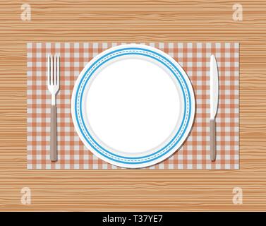 Knife, fork and empty plate on red checked cloth on wooden desk. vector illustration in flat style Stock Vector