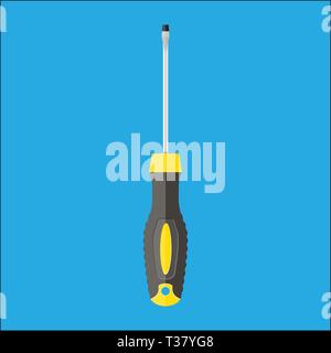 Modern screwdriver with plastic handle. Vector Illustration in flat style on blue background Stock Vector