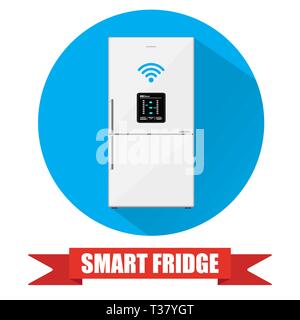 Smart refrigerator or fridge with lcd display connected to internet by wireless. fridge icon with long shadow. vector illustration in flat style Stock Vector