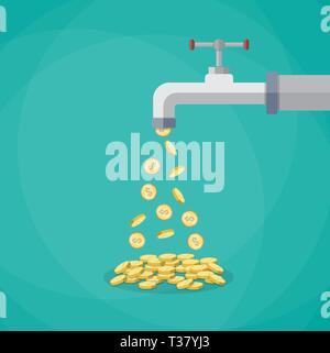 Golden coins fall out of the metal tap. Vector illustration in flat style on green background Stock Vector