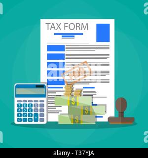 Time for pay taxes concept. Wooden stamp, tax form document, calculator, cash money and coins. Vector illustration in flat design on green background Stock Vector