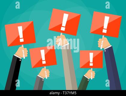 Five cartoon businessmens hands holding red sign boards with exclamation mark. Attention sign. Vector illustration in flat design on green background Stock Vector