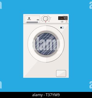 Modern white washing machine in flat style. Front view. vector illustration on blue background Stock Vector