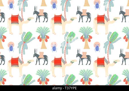 seamless pattern with egyptian symbols - camel, donkey, scarab and palm, vector illustration Stock Vector