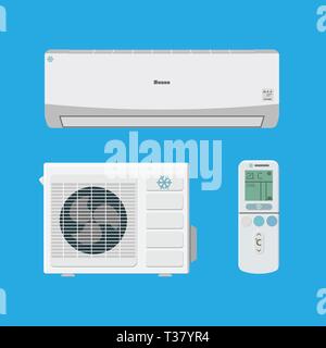 Air conditioner system. external and internal unit and remote control. vector illustration in flat style on blue background Stock Vector