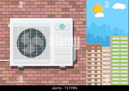 Air conditioning external unit on the wall of red brick building. cityscape as background. vector illustration in flat style Stock Vector