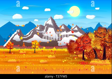 nature landscape with forest, field and mountains sun. vector illustration Stock Vector
