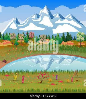 Autumn nature landscape with forest, lake and mountains. vector illustration Stock Vector